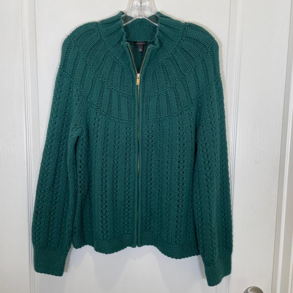 Talbots Mixed Stitch Cardigan Emerald Green Zip Front Mock Neck Cotton L - Picture 2 of 7
